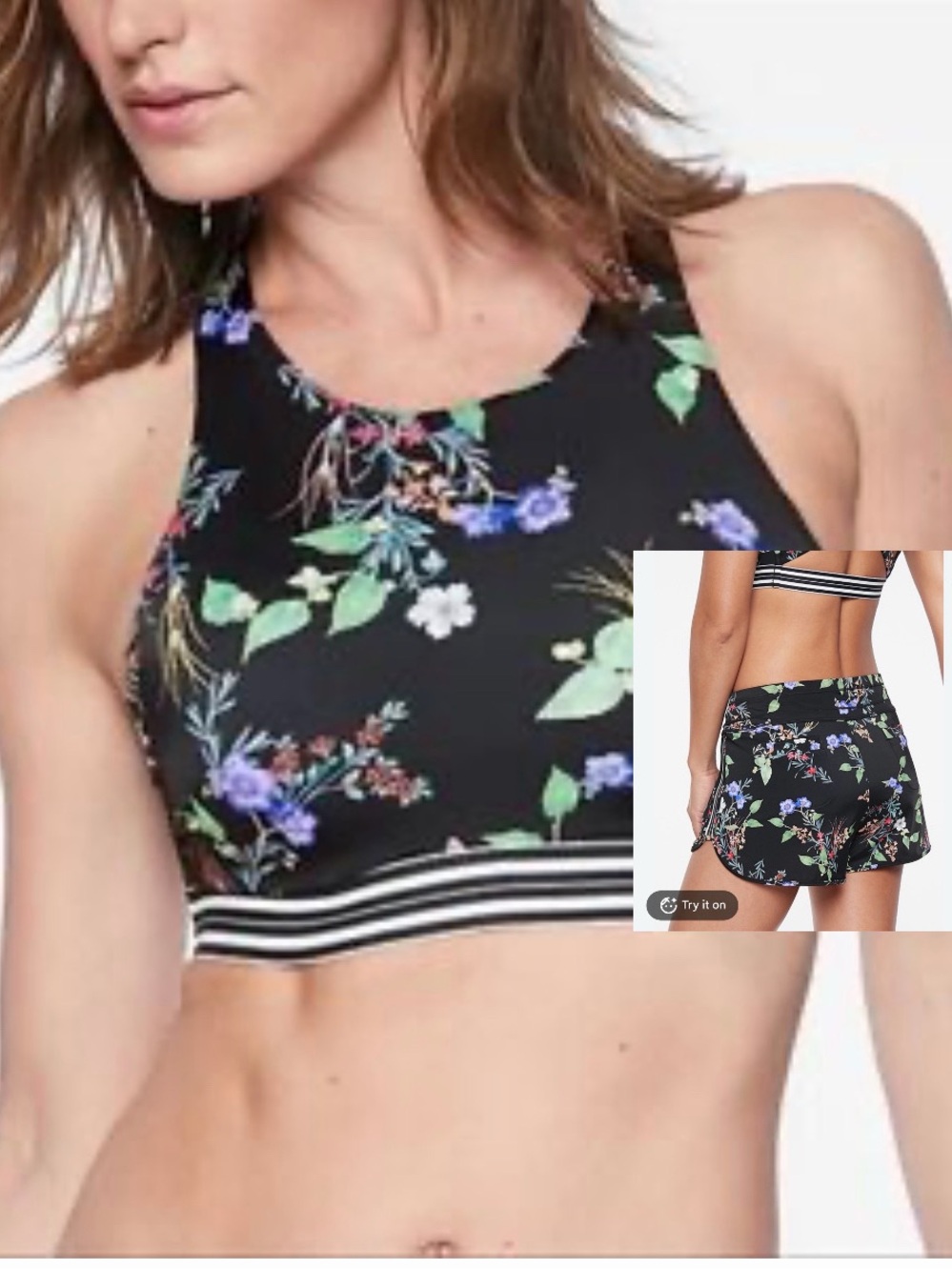 Matching Set -Athleta Black Floral Halter Top sports bra and shorts swim